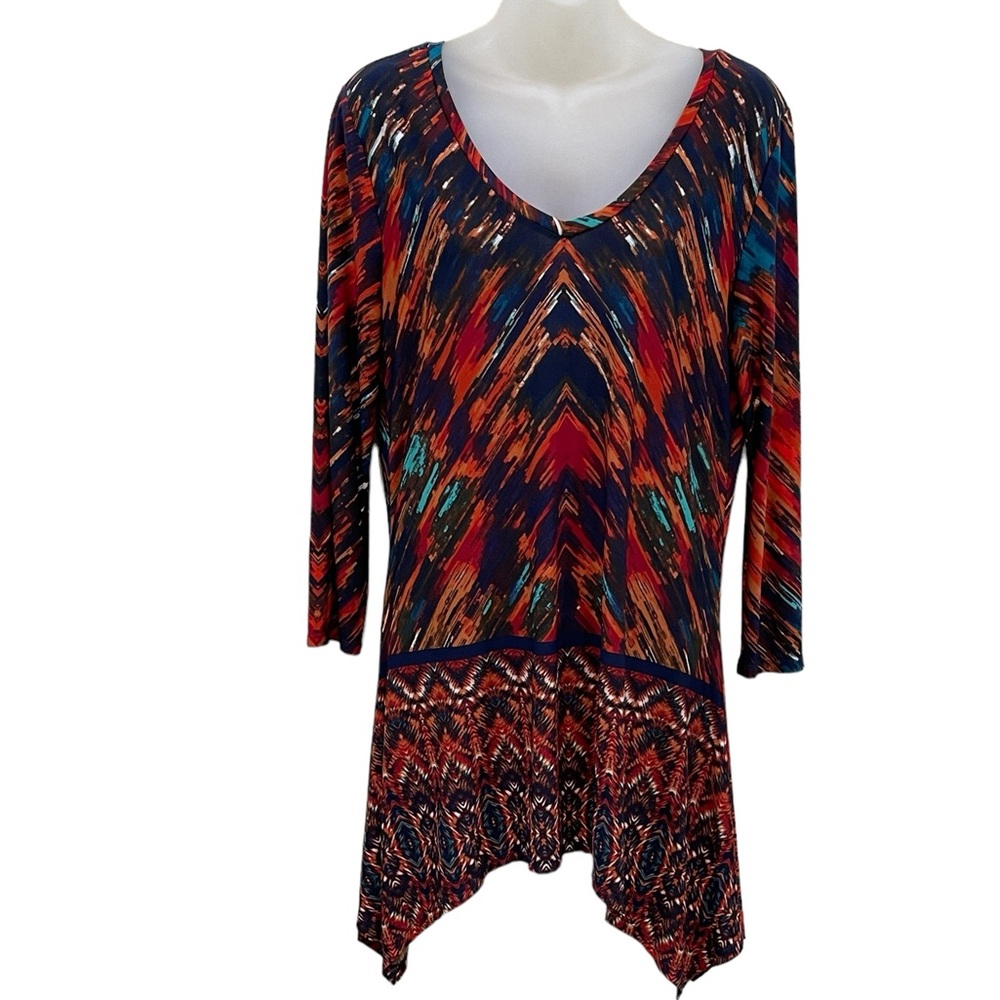 VENINI Geometric Hi Lo Long Sleeve V-Neck Tunic Top SZ M